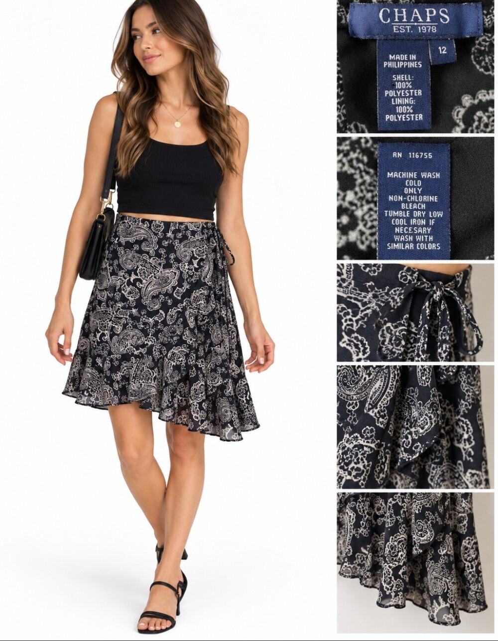 Y2K 2000s Boho Dark Romance Chaps Ruffle Hem Mini Skirt 12 Black White Paisley